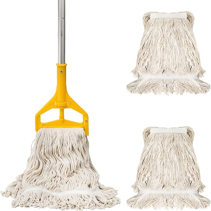 Yesland Mop with 2 Cotton Heads, Heavy Duty 61in Long Handle Looped-End String Wet Mops for Cleaning Office, Garage, Hardwood, Warehouse, Factory, Mall, Deck