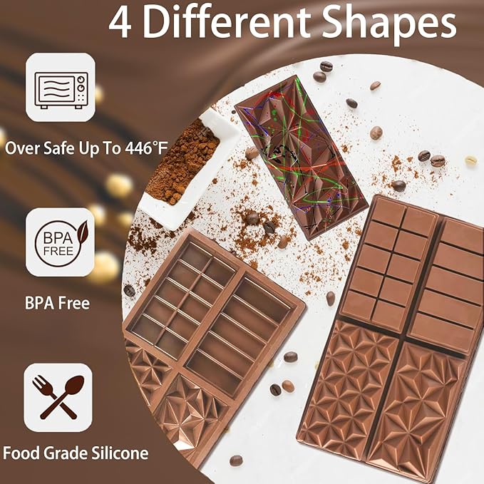 Deep Chocolate Molds Silicone - 4 Different Shapes,Dubai Chocolate Bar Mold,Homemade Candy Bar Baking Molds - Set of 2