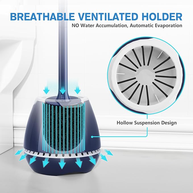 UPTRONIC Toilet Brush 2 Pack, Blue, Nylon Bristles, Ergonomic Handle, Ventilated Holder, Bathroom Cleaning