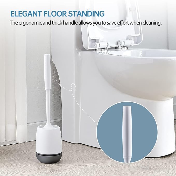 Toilet Brush, Toilet Bowl Brush and Holder Set for Bathroom, Toilet Cleaning Scrubber Brush for Bathroom for Deep Cleaning with Stiff Plastic Bristle, Ventilated Holder, Wall Mount Hook (White Head)