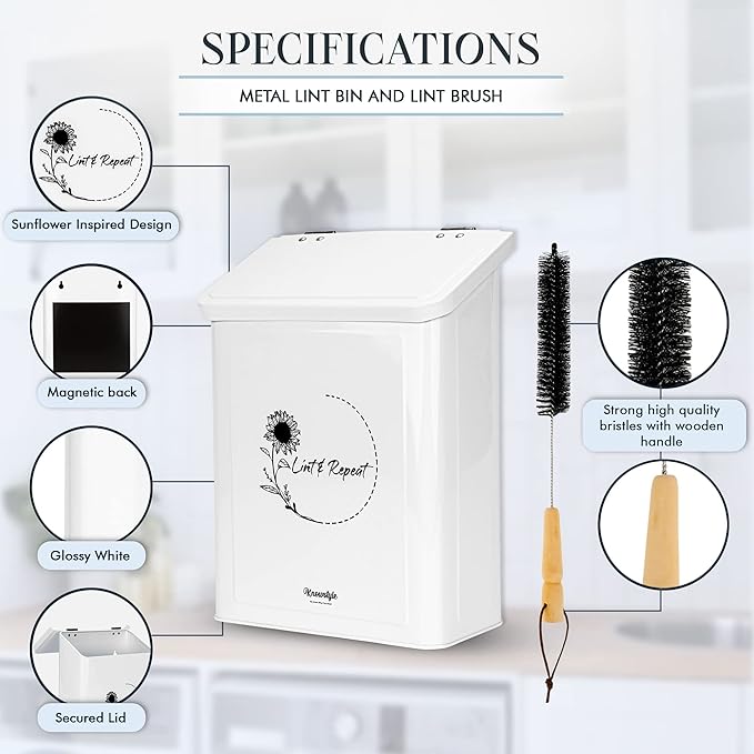 Knowstyle Metal Magnetic Lint Bin for Laundry Room Decor - Laundry Room Trash Can with Dryer Lint Brush for Dryer Vent – Metal Laundry Lint Bin with Clothes Lint Roller
