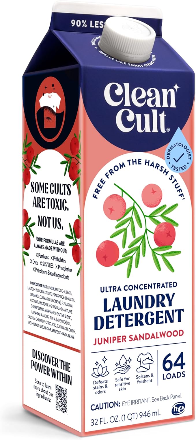 Ultra Concentrated Liquid Laundry Detergent Soap, 64 loads (32 oz), Long Lasting Scent, 90% Less Plastic, No Harsh Chemicals, Juniper Sandalwood, Defeats Stains & Odors, HE/Standard Compatible