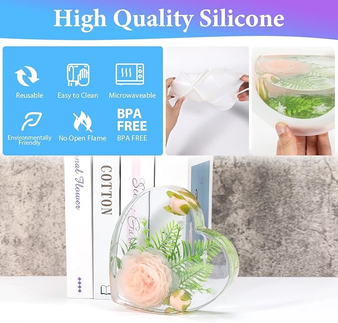 KISREL Large Resin Molds, 3 PCS Silicone Molds Kit for Resin Including Large Hexagonal and Square Heart Resin Mold, Epoxy Resin Molds for Flower Preservation Kit