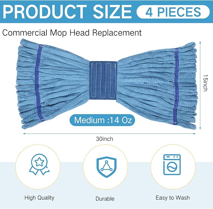Lallisa 4 Pcs Commercial Mop Head Replacement Tube Microfiber Industrial Looped End Mop Heads Refill for Floor Cleaning for Home Commercial Industrial Use(Medium,Blue)