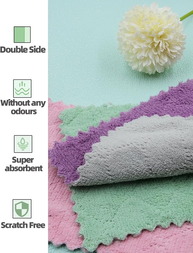 24PCS Kitchen Dishcloth, Microfiber Washcloth, Soft Cleaning Cloths, Coral Fleece/Lint Free/Absorbent/Quick Dry/Nonstick Oil Rags, Reusable Washable Tea Towel, 6''x10'‘ (Green)