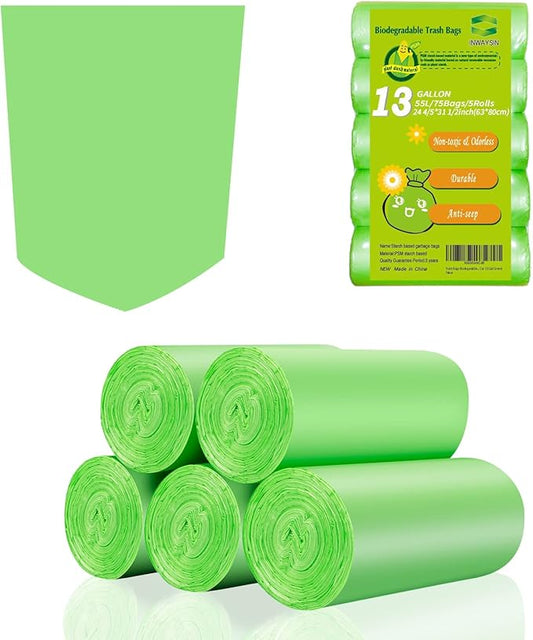 Trash Bags 13 Gallon Tall Kitchen Garbage Bags, Inwaysin Recycle Bags, Biodegradable Trash Bags, 75 Bags, Green