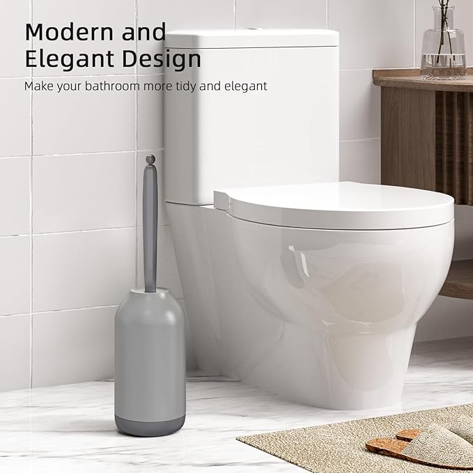 HAMITOR Toilet Bowl Brush Holder Set: Bathroom Deep Cleaning Toilet Cleaner Scrubber Under Rim with Curved Bristle for Dead Corner Clean - Hidden Rv Toilet Decorative Accessories with Caddy- Gray