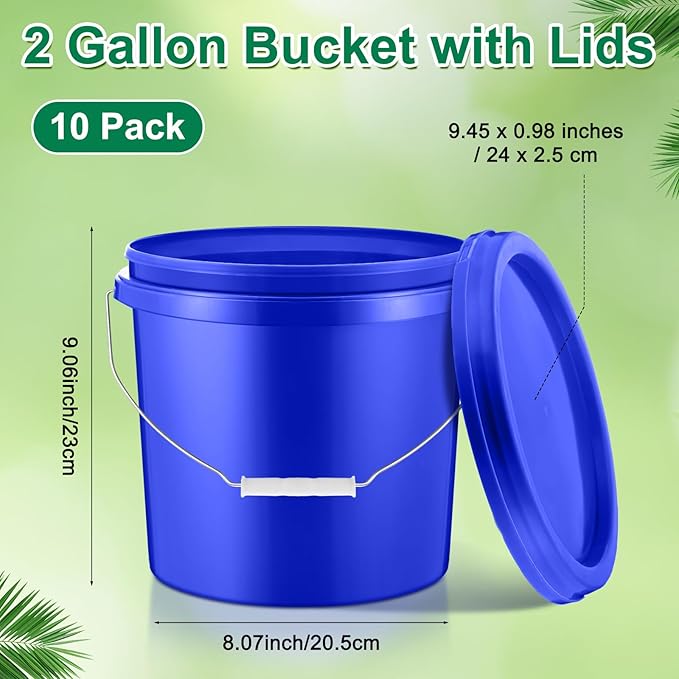 Tioncy 10 Pcs 2 Gallon Plastic Bucket with Lid Heavy Duty 2 Gallon Bucket Pail with Lid Handle for Storage Container Home Household Cleaning(Blue)
