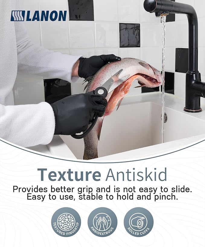 LANON Food Safe Disposable Nitrile Gloves, Latex-Free, Powder-Free, Silicone-Free, Textured Fingertips, Cooking, Black，Small