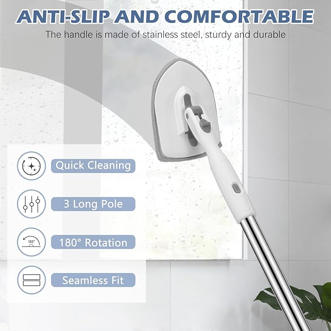 SetSail 4-in-1 Tile Tub Floor Scrubber with 52-inch Adjustable Long Handle Shower Cleaner Brush Comes with Window Scrubber and 3 Replacement Brush Heads for Cleaning Bathroom Kitchen Tub Tile, White
