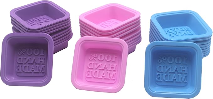 (30-Pack) DIY Handmade Soap Molds, Baking Molds, Cupcake Liners - 100% Handmade Square Silicone - - Microwave, Oven, Refrigerator, Freezer and Dishwasher Safe for Homemade Craft(Purple, Pink, Blue)