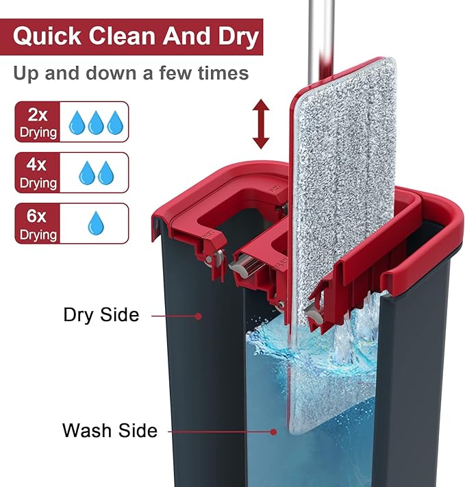Hands-Free Mop and Bucket Set with 3 Washable Pads, Wet/Dry Floor Cleaning System, Red/Black