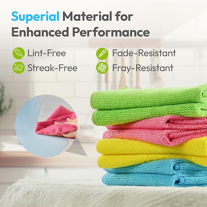 Microfiber Cleaning Cloths 12”x12” 24Pack Lint Free Kitchen Cloths - Extra Thick, Streak-Free, Lint-Free, Fast Absorbent - Reusable Multi-Purpose Housekeeping Rags for Cars, Dishes, Floors, Tiles