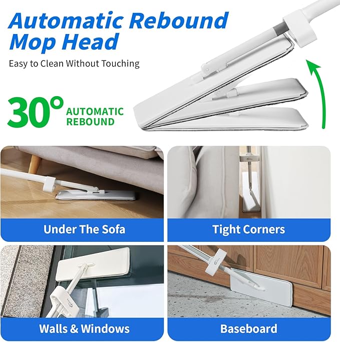 Oshang Flat Mop and Collapsible Bucket OG7 with Wheels, 2 Washable Reusable Microfiber Pads, Pure White