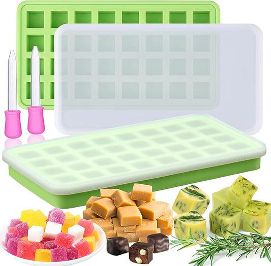 AIERSA 2Pcs Silicone Molds for Herb-Infused Oil Cubes, 32 Cavity Candy Gummy Molds with Lids & 2 Droppers for DIY 5/8x5/8x5/8in Square Gummies, Homemade Herbal Blocks, Jello, Pralines Caramels
