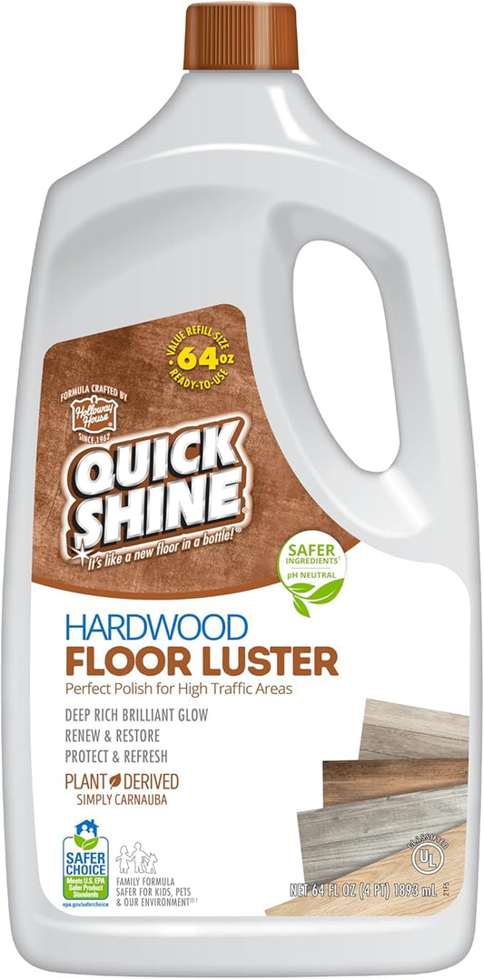 Quick Shine Hardwood Floor Luster-Polish 64oz | Plant-Derived w/Carnauba | Safer Choice, No PFAS, pH Neutral | Ready to Use Formula w/Anti-Slip Technology | Simply Squirt & Spread | Made in USA