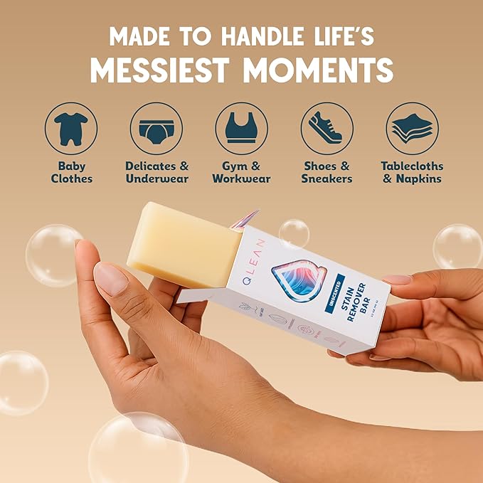 QLEAN Vegan Stain Remover Bar for Fabrics, Laundry Bar Soap for Clothes – Plant-Based, Travel-Friendly Stain Remover for Grease, Wine, Coffee, Grass & More – Non-Toxic & Safe for Delicates (3)