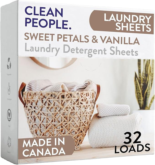 The Clean People Laundry Detergent Sheets - Laundry Soap - Ultra Concentrated, Recyclable Packaging, Stain Fighting - Sweet Petals & Vanilla, 32 Pack