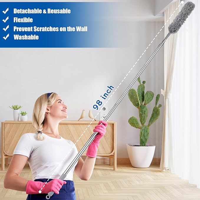 9PCS Dusters for Cleaning,Extendable Microfiber Duster with Extension Pole Up to 100'',Bendable Washable and Reusable Dusters Kit for Ceiling Fans, High Ceilings,Blinds,Furniture and Cars