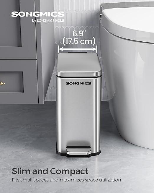 SONGMICS Bathroom Trash Can, 2.6 Gallon (10 L) Small Trash Bin with Lid, Slim for Small Spaces, Stainless Steel Garbage Can, Soft Close, Silver ULTB561E10