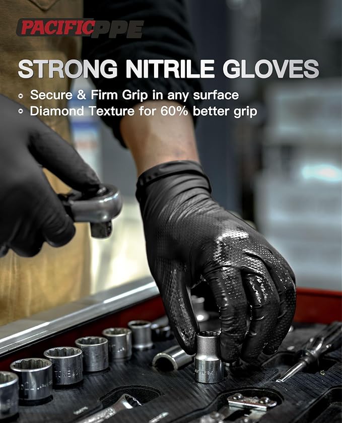 PACIFIC PPE 8 Mil Heavy Duty Black Nitrile Gloves, Food Safe, Latex Free, Mechanic, Fully-Diamond Textured Grip Industrial Disposable Gloves, Medium