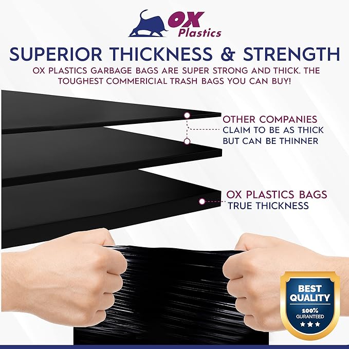Ox Plastics Trash Can Liners Bags - 60 Gallon Capacity & 2mil Thick Extra Heavy Duty Strength - Large Garbage, Leak-Proof & Durable, House & Commercial Use Bags Black - 25 Count
