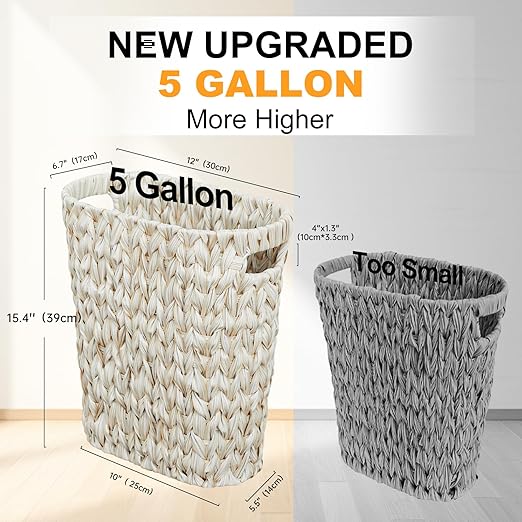 Wicker Trash Can,Bathroom Trash Can,Waterproof Wicker Waste Basket for Bathroom,Narrow Small Waste Basket for Bedroom,Office, Cream White 5 Gallon