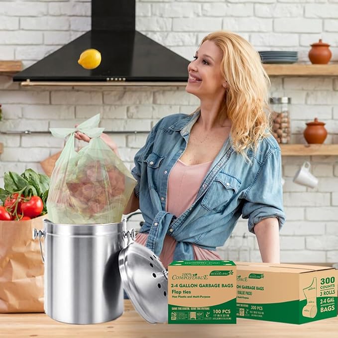 3 Gallon Flap Tie Compostable Trash Bags, 300 Count Small Compost Bags, Biodegradable Kitchen Garbage Bags, Food Scrap Waste Bags for Countertop Bin, ASTM D6400, US BPI Certified