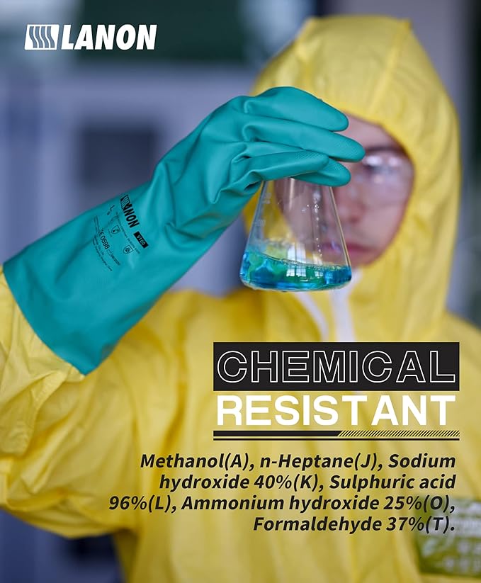 LANON 3 Pairs Nitrile Chemical Resistant Gloves, Reusable Heavy-Duty Rubber Gloves, Acid, Alkali & Oil Protection, Non-Slip, XXL