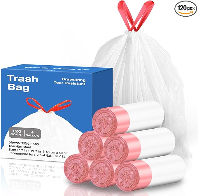 KUK 4 Gallon Drawstring Trash Bags - 120 Count White Small Garbage Bags, Unscented Strong Plastic Waste Basket Liners for Home/Office/Car, Fits 10-15 Liter Bins, 6 Rolls with Tear-Free Design