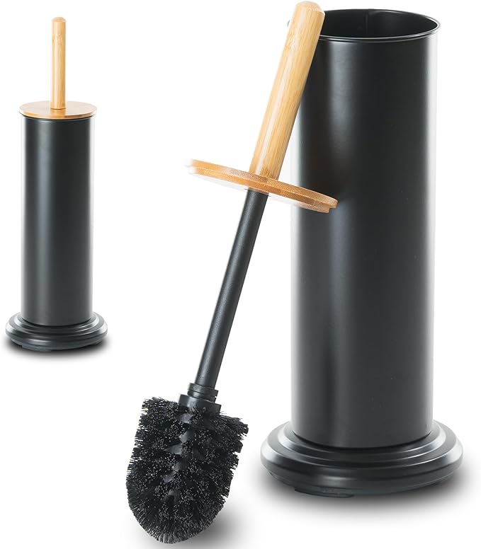 Toilet Bowl Brush and Holder, Toilet Brush with Bamboo Handle and Covered Holder, Dual Brush Options, Weighted Metal Base (Black)