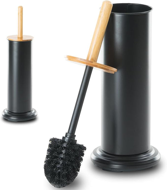 Toilet Bowl Brush and Holder, Toilet Brush with Bamboo Handle and Covered Holder, Dual Brush Options, Weighted Metal Base (Black)