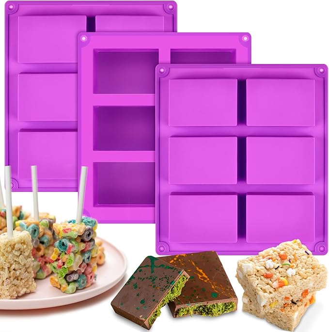 6-Cavity Rice Krispie Treat Molds, 3 Pcs Silicone Candy Bar Molds, Non-Stick Rectangle Chocolate Molds for Making Rice Crispy Snacks, Dubai Chocolate, Candy Bars, Brownies