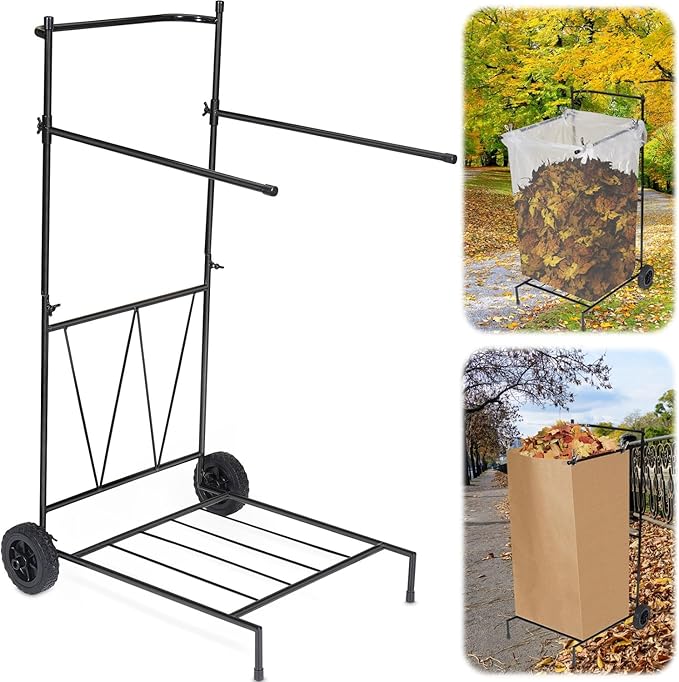 Heavy Duty Portable Trash Bag Holder with Wheel, Adjustable 30-45 Gallon Outdoor Leaf Bag Stand, Durable Trash Bag Rack, for Yard, Lawn Cleanup, Gardening, Camping & Parties