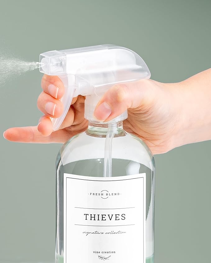 Vine Creations Glass Spray Bottles, 2 Pack Refillable Spray Bottles for Cleaning Solutions, Clear Spray Bottle for plants, Water Spray Bottle Sprayer, Glass Spray bottles 16 oz with Waterproof Labels