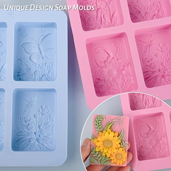 Moukiween Soap Molds Silicone, 3D Rectangular Insect Flower Silicone Molds for Handmade Craft Soap, Bath Bombs, Chocolate Bars, DIY Candle, Polymer Clay Design