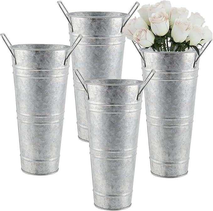 4 Pack 9 Inch Tall Galvanized Flower Bucket, Silver Farmhouse French Flower Bucket with Handle, Small Rustic Buckets Vintage Metal Vases for Flower, Centerpieces, Floral Wedding Arrangements