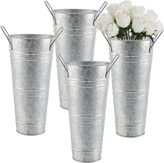 4 Pack 9 Inch Tall Galvanized Flower Bucket, Silver Farmhouse French Flower Bucket with Handle, Small Rustic Buckets Vintage Metal Vases for Flower, Centerpieces, Floral Wedding Arrangements