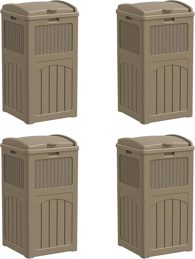 Greesum 33 Gallon Resin Outdoor Trash Can with Lid, Waterproof Resin Garbage Bin for Hideaway, Patio, Deck, 4 Pack, Light Brown