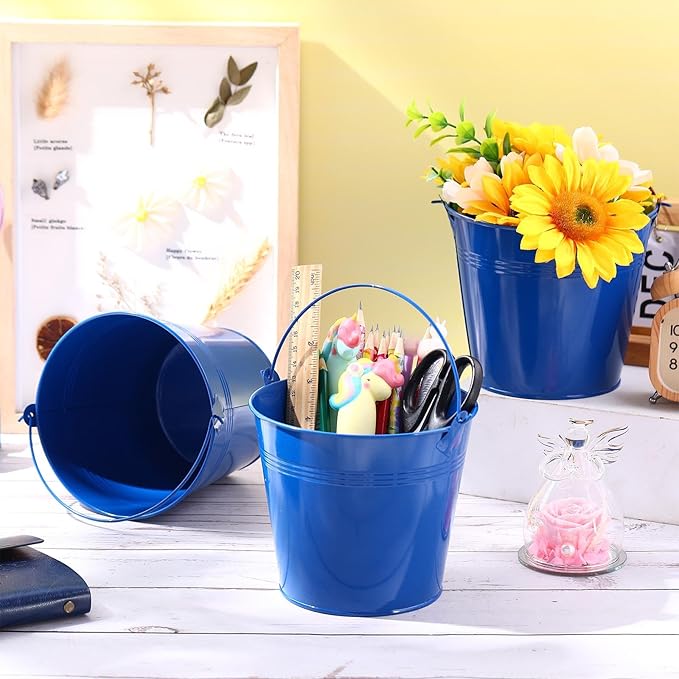 Rtteri 24 Pcs Small Metal Buckets with Handle Mini Buckets Bulk for Easter Party Favors Classroom Pencil Holder Flower Pot Plant Basket for Crafts DIY Projects, 6 x 5 Inch(Dark Blue)
