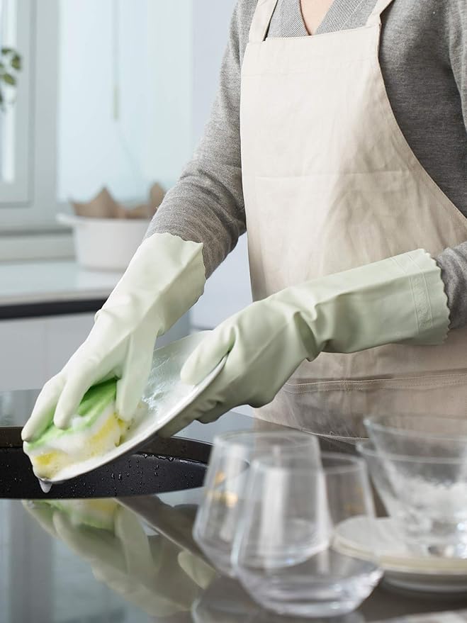 LANON wahoo Skin-Friendly Cleaning Gloves, Dishwashing Kitchen Gloves with Cotton Flocked Liner, Reusable, Non-Slip, Canary Green, Small