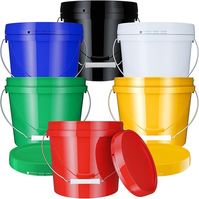 6 Pack 2 Gallon Plastic Bucket with Lid Heavy Duty Pail with Metal Handle Reusable Small Multipurpose Paint Buckets Container for Food Storage(Colorful)