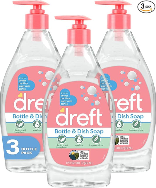 DREFT Bottle and Dish Soap | Made to Clean Baby Bottles, Sippy Cups, Pacifiers, Breast Pumps, & More | Gently Removes Milk Film & Odors | Plant Based, Fragrance Free Dish Soap | 18 Fl Oz (Pack of 3)