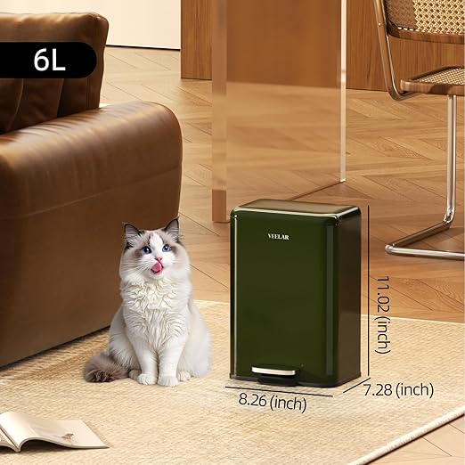 Small Bathroom Trash Can - Mini Step Garbage Can with Lid, Stainless Steel Trash Bin for Living Room Bedroom (Green, 6 Liter / 1.6 Gallon)