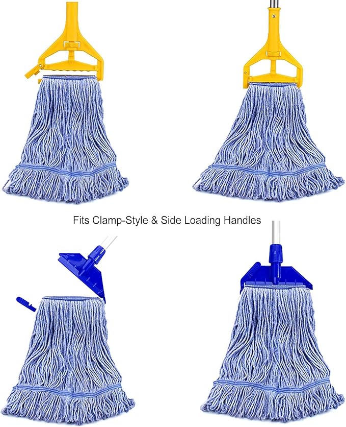 Mop Head Replacement for Heavy Duty Commercial Mops for Floor Cleaning, Wet Industrial Blue Cotton Looped End String Head Refill (Pack of 4)