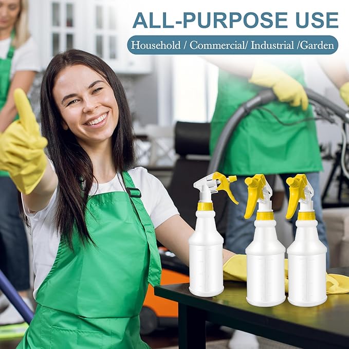 Eccliy 20 Pack 16oz Empty Spray Bottles, Leakproof Cleaning Bottles with Measurement and Adjustable Nozzle for Housekeeping, Commercial Use(Cylinder,Yellow Spray Head)