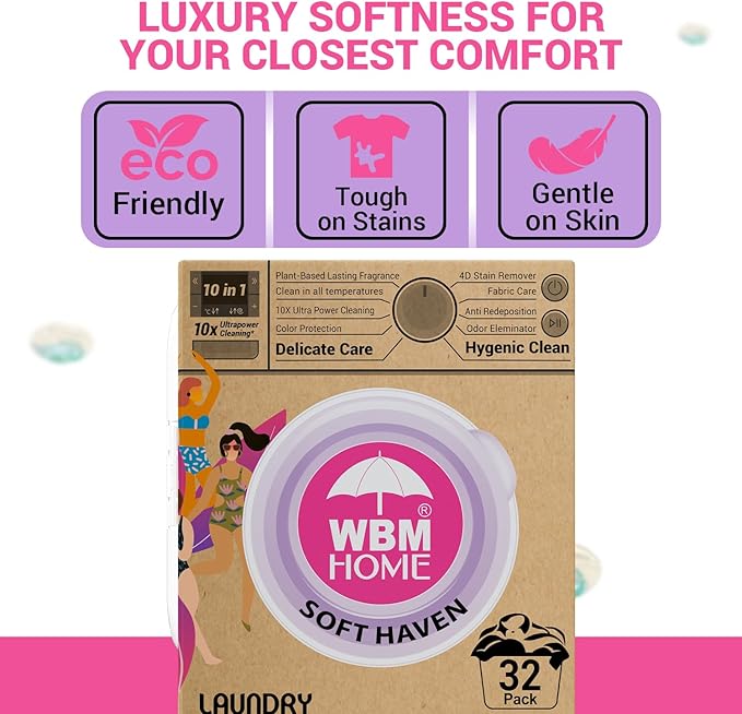 WBM Home Laundry Pods, Total 128 Count | Specially Designed for Undergarments With Soft Heaven Fragrance | Laundry Detergent Pods Formulated With Plant-Based Formula and Gentle Stain Remover