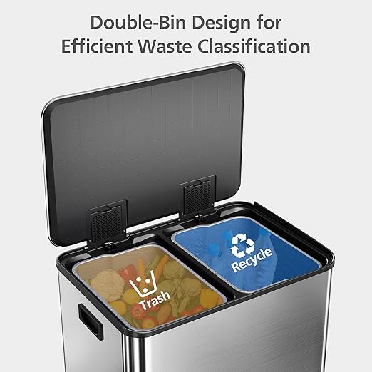 GarveeHome 60L/16 Gal Kitchen Trash Can,2×8 Gal Pedal Trash Bin with Removable Baskets,Stainless Steel Garbage Can for Kitchen Office Restaurant School Hospital