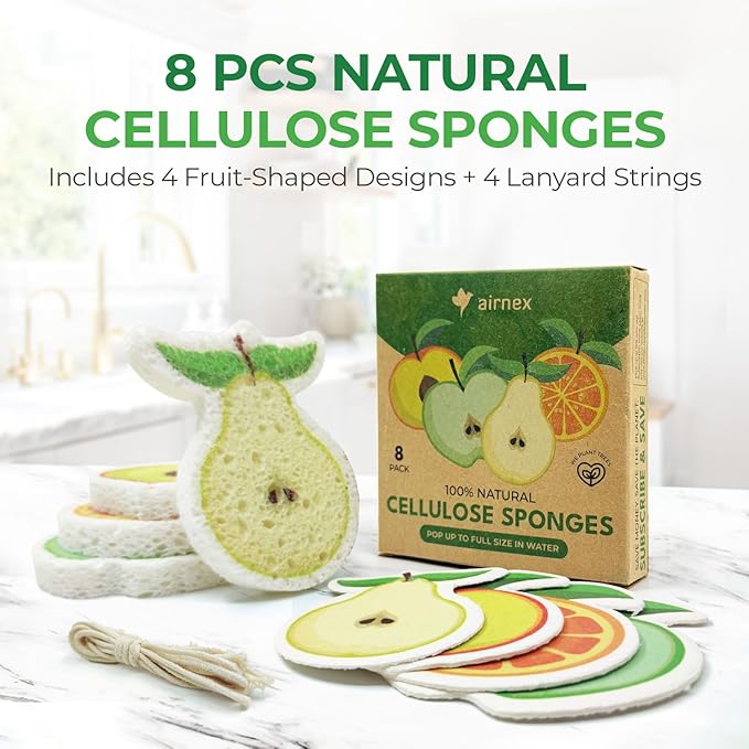 Biodegradable Cellulose Compressed Sponges Bulk - Fruit Shaped Kitchen Pack of 8 - Eco Friendly, Odor Free, Natural, Pop Up Compostable Scrubbers for Washing Dishes