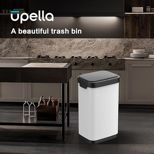 13 Gallon Stainless Steel Touchless Sensor Trash Can with, Wide Rectangular Design, Brushed Finish – Automatic Lid for Home, Office, Kitchen, Bathroom, and Commercial Use (White)